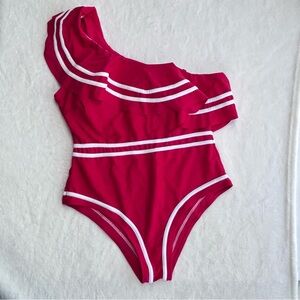 One Piece Swimsuit Red White Flattering Ruffle One Shoulder Large